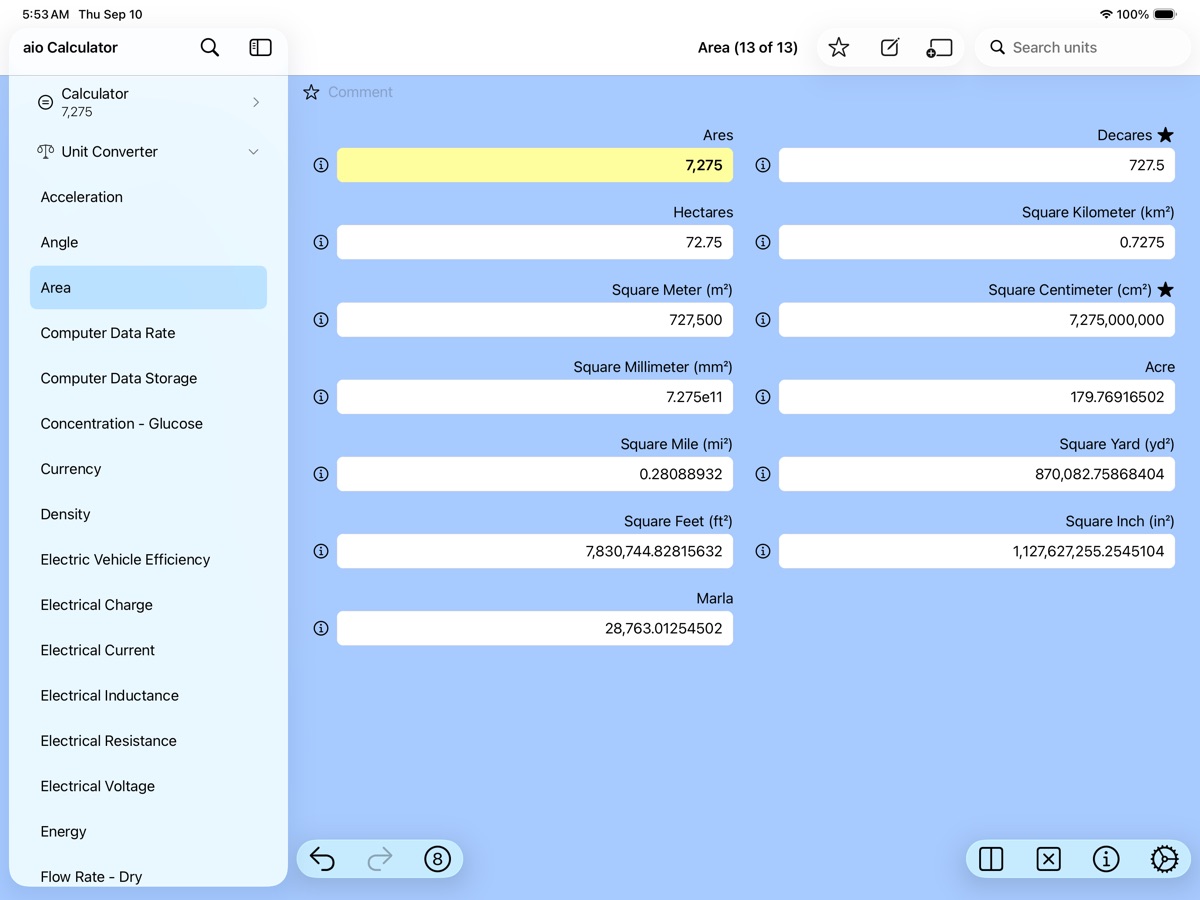 The Area measurement on iPad, with all thirteen units filled at once: 7,275 Ares, 72.75 Hectares, 727,500 square meters, 179.76916502 Acre, 28,763.01254502 Marla and more.