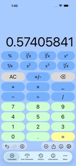 All in One Calculator on iPhone, showing the standard calculator keypad and the tab bar for Calculator, Unit Converter, History and Information.