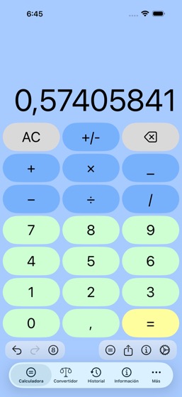 All in One Calculator en el iPhone, con el teclado de la calculadora est&aacute;ndar y la barra de pesta&ntilde;as de Calculadora, Convertidor, Historial e Informaci&oacute;n.