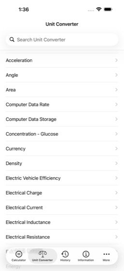 The unit converter on iPhone, listing measurements from Acceleration to Electrical Resistance with a search field above them.