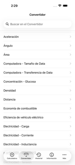 El convertidor de unidades en el iPhone, con la lista de medidas y un campo de b&uacute;squeda encima.