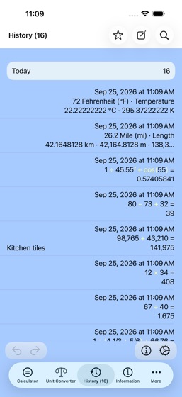 The history tape on iPhone, mixing unit conversions and calculator results, with a note reading Kitchen tiles against one entry.