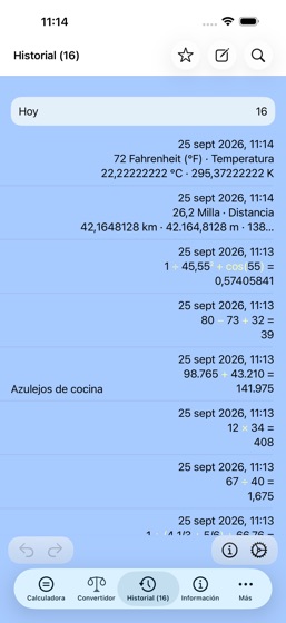 El historial en el iPhone, con conversiones de unidades y resultados de la calculadora juntos, y la nota &laquo;Azulejos de cocina&raquo; en una de las entradas.