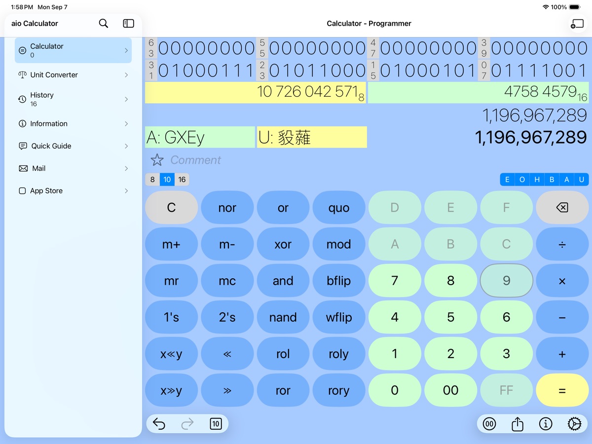 Programmer mode on iPad in landscape: the sidebar, a 64-bit binary display with bit indices, octal and hexadecimal bars, the decimal result, the matching ASCII and Unicode characters, and a keypad of bitwise operators.
