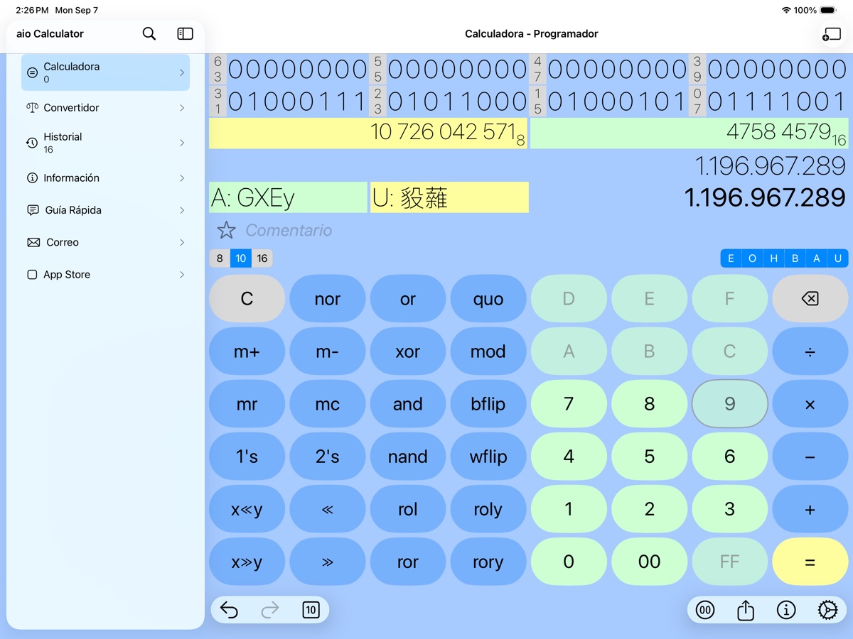 Modo programador en el iPad en horizontal: la barra lateral, la pantalla binaria de 64 bits con los &iacute;ndices de bits, las barras octal y hexadecimal, el resultado decimal, los caracteres ASCII y Unicode equivalentes y un teclado de operadores de bits.