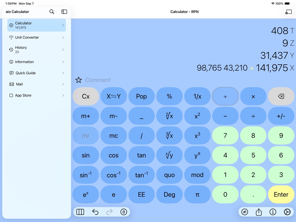 RPN mode on iPad, showing the full T, Z, Y and X stack — 408, 9, 31,437 and 98,765 43,210 + 141,975 — beside the sidebar and the keypad.